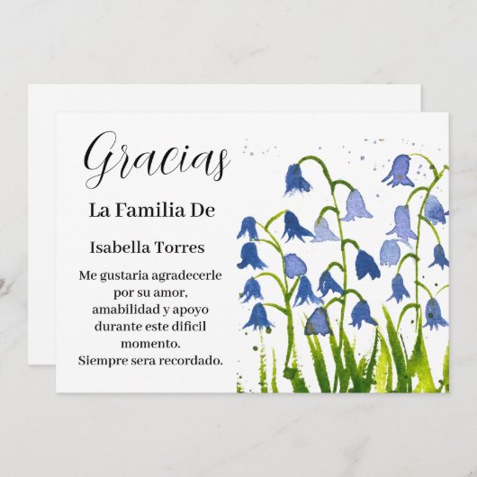 Bluebells Spanish Floral Beerdigung Tod Vielen Dan Einladung (Vorne/Hinten)