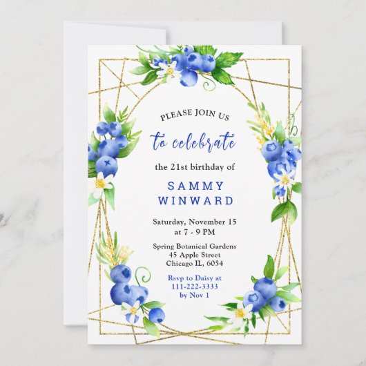 Blueberries and Foliage Birthday Einladung (Vorderseite)