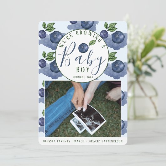 Blueberries Baby Boy Pregnancy Einladung (Stehend Vorderseite)