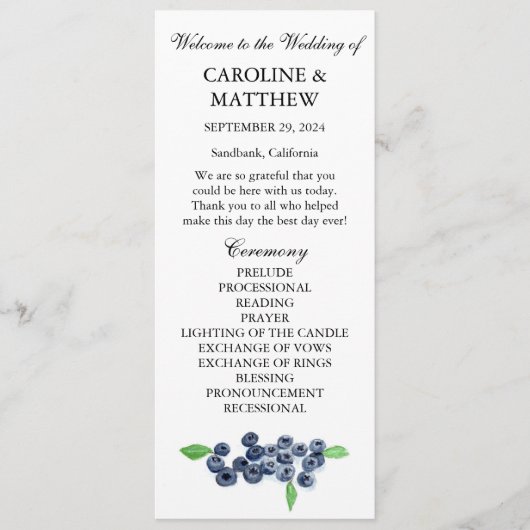 Blueberries Blue Fruit Watercolor Rustikale Hochze Programm (Vorderseite)