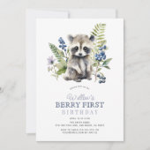 Blueberries & Raccoon Boy Berry First 1st Birthday Einladung (Vorderseite)