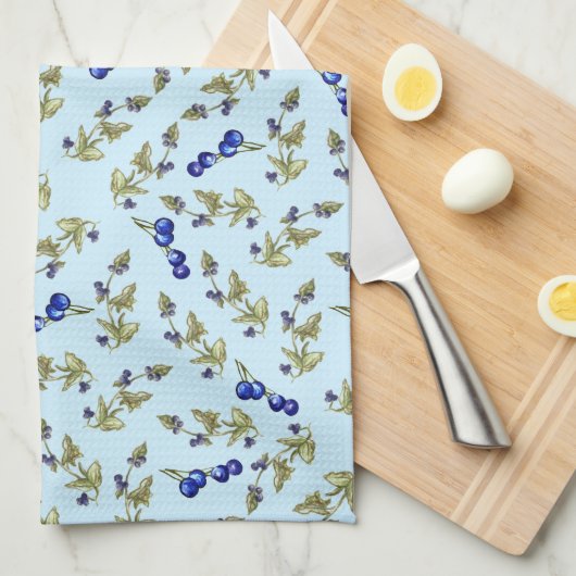 Blueberries Stemmed Blätter Sky Blue Background Geschirrtuch (Viertel Falte)
