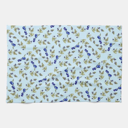 Blueberries Stemmed Blätter Sky Blue Background Geschirrtuch (Horizontal)