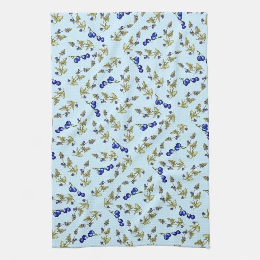 Blueberries Stemmed Blätter Sky Blue Background Geschirrtuch (Vertikal)