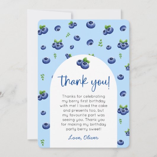 Blueberry 1. Geburtstag Foto Vielen Dank Einladung (Vorderseite)