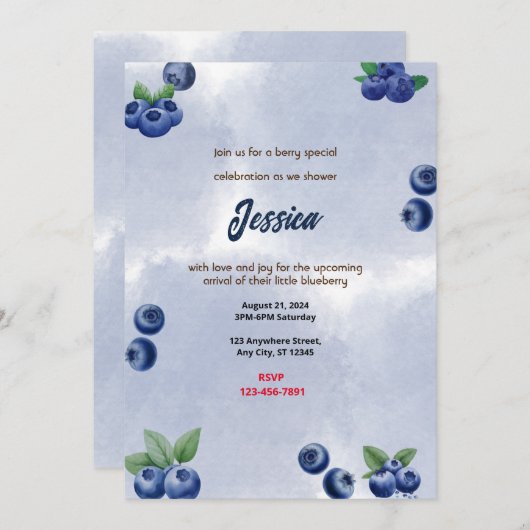 Blueberry Baby Dusche Einladung (Vorne/Hinten)