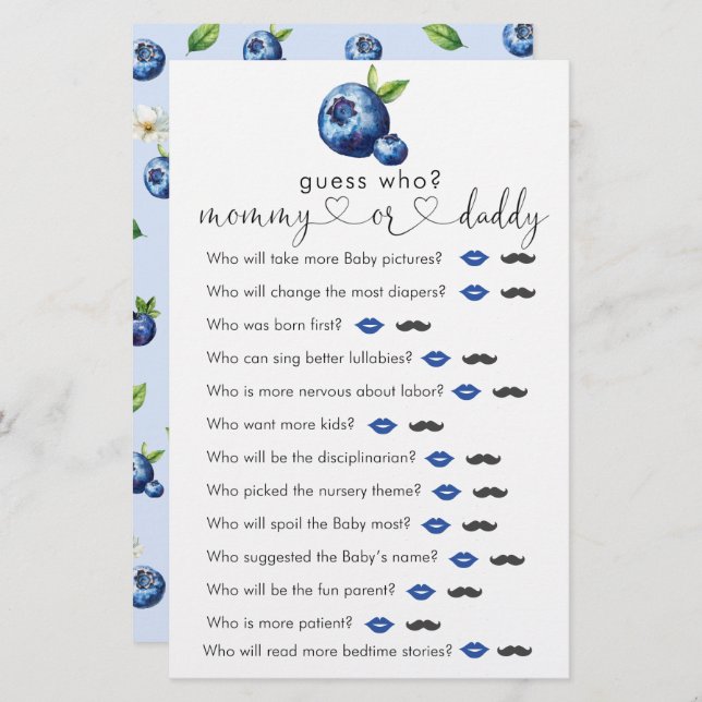 Blueberry Baby Dusche "raten Sie, wer" Spiel (Vorne/Hinten)