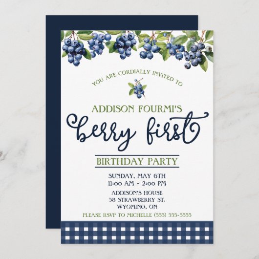 Blueberry, Berry First Birthday Party Einladung (Vorne/Hinten)