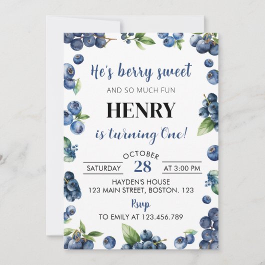 Blueberry Berry Sweet 1st Birthday Invitation Einladung (Vorderseite)
