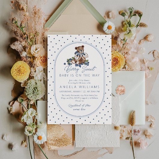 Blueberry Berry Sweet Dusty Blue Boy Baby Dusche Einladung