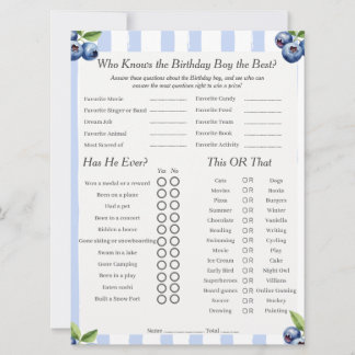 Blueberry Birthday Boy Trivia Trio Game Card Feiertagskarte