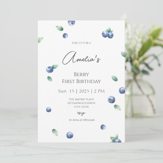 Blueberry Birthday Party Berry Sweet Watercolor Einladung (Stehend Vorderseite)