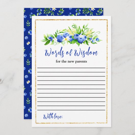 Blueberry Bloral Baby Dusche Worte der Weisheit Einladung (Vorne/Hinten)