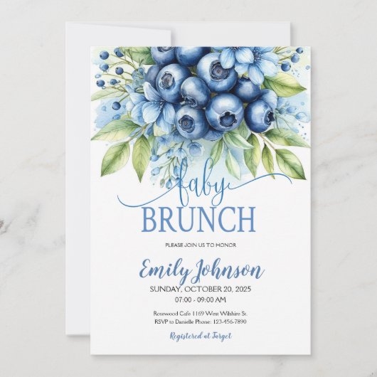 Blueberry & Blue Flowers Baby Brunch Einladung (Vorderseite)
