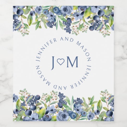 Blueberry Brautbräutigam Monogramm Trauweinetikett Weinetikett (Einzelnes Label)