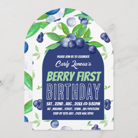 Blueberry Design, Einladung zum ersten Geburtstag (Vorne/Hinten)