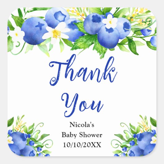 Blueberry Floral Baby Shower Thank You Quadratischer Aufkleber (Vorderseite)