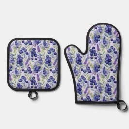 Blueberry Lavender Garden - Wasserfarbene Blume Ofenhandschuh & Topflappen-Set