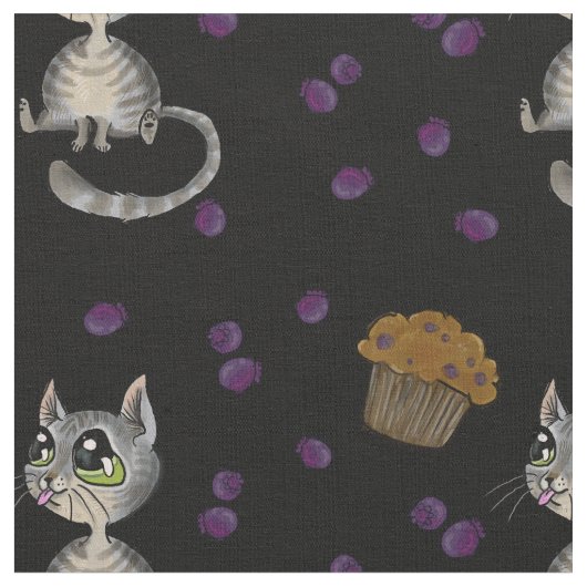 Blueberry Muffin Bloop Kitty Pattern Dark Fabric Stoff (Nahaufnahme)