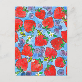 Blueberry Strawberry Bees Wasserfarbe Obst Postkarte