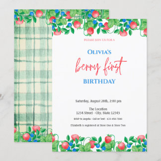 Blueberry Strawberry Green Kariert 1. Geburtstag Einladung