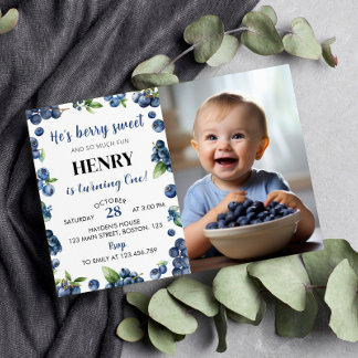 Blueberry Sweet Erster Geburtstag Foto Einladung