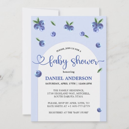 Blueberry Sweet Watercolor Boy Baby Dusche Einladung (Vorderseite)