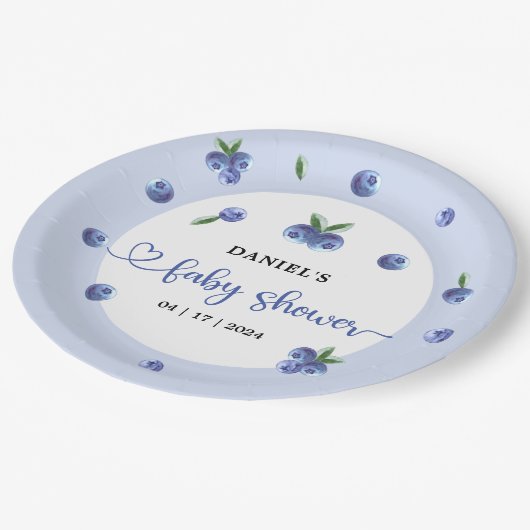 Blueberry Sweet Watercolor Boy Baby Dusche Pappteller (Schrägansicht)