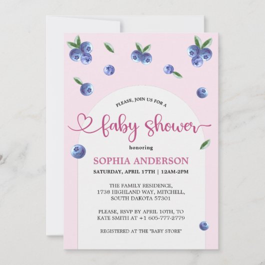 Blueberry Sweet Watercolor Girl Babydusche Einladung (Vorderseite)