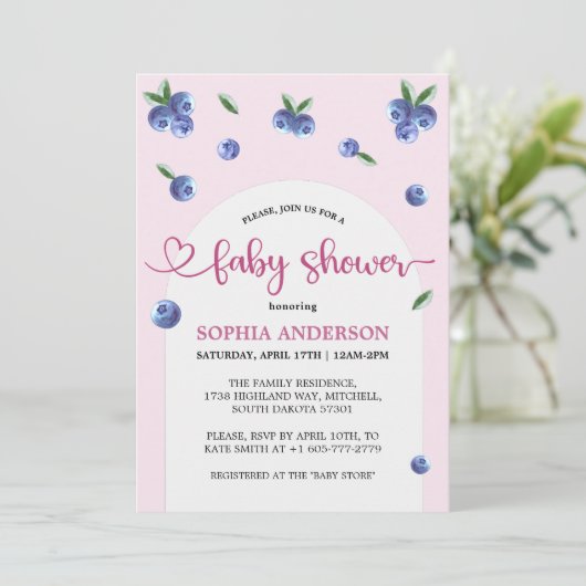 Blueberry Sweet Watercolor Girl Babydusche Einladung (Stehend Vorderseite)