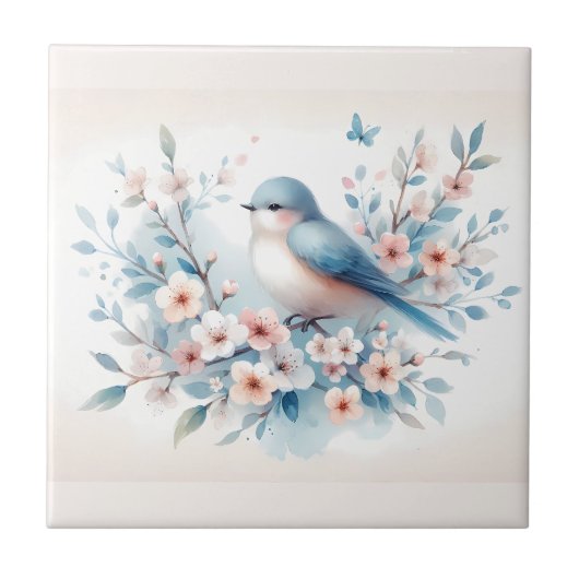 Bluebird Blossom Watercolor Serenity Fliese (Vorderseite)