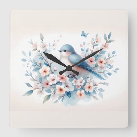 Bluebird Blossom Watercolor Serenity Quadratische Wanduhr (Vorderseite)