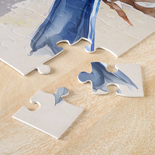 Bluebird Blue Orange Rustikale Wasserfarbe Puzzle (Seite)