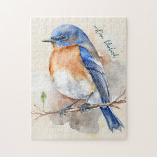 Bluebird Blue Orange Rustikale Wasserfarbe Puzzle