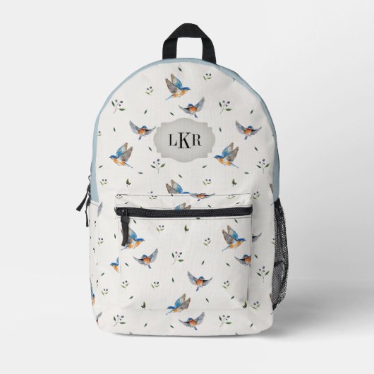 Bluebird & Blueberry Muster 3-Buchstaben-Monogramm Bedruckter Rucksack (Vorderseite)