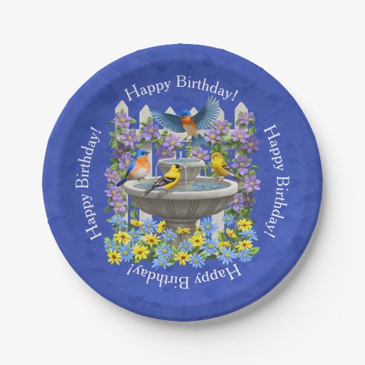 Bluebird Goldfinch Birdbath Garden Royal Blue Pappteller (Vorderseite)