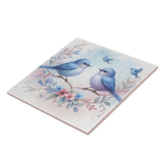 Bluebird Harmony on a Floral Perch Keramik Tile Fliese (Seite)