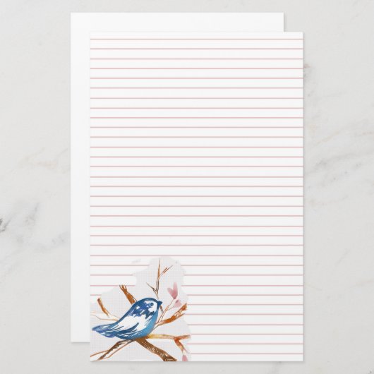 Bluebird in einem rosafarbenen, mit Bäumen verklei Briefpapier (Vorne/Hinten)