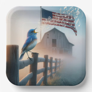 Bluebird mit amerikanischer Flagge singen Pappteller