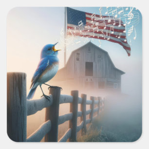 Bluebird mit amerikanischer Flagge singen Quadratischer Aufkleber