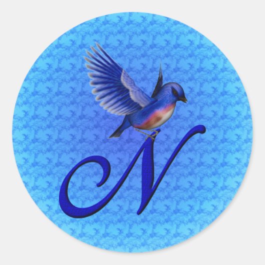 Bluebird Monogram Initial N Elegant Runder Aufkleber (Vorderseite)