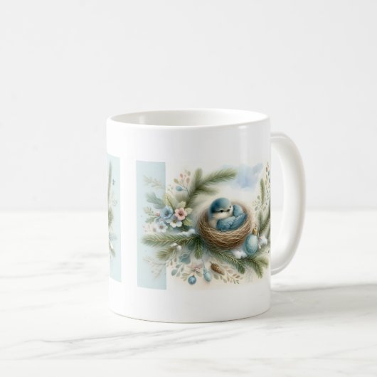 Bluebird Nest mit Ornamenten im Winter Pines Kaffeetasse (VorderseiteRechts)
