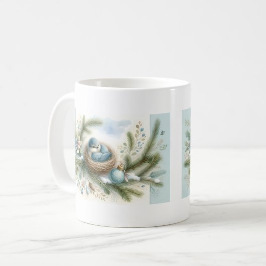 Bluebird Nest mit Ornamenten im Winter Pines Kaffeetasse (Vorderseite Links)