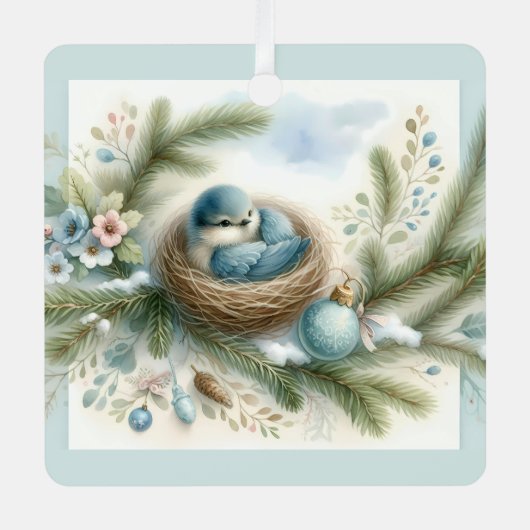 Bluebird Nest mit Ornamenten im Winter Pines Ornament Aus Metall (Vorderseite)