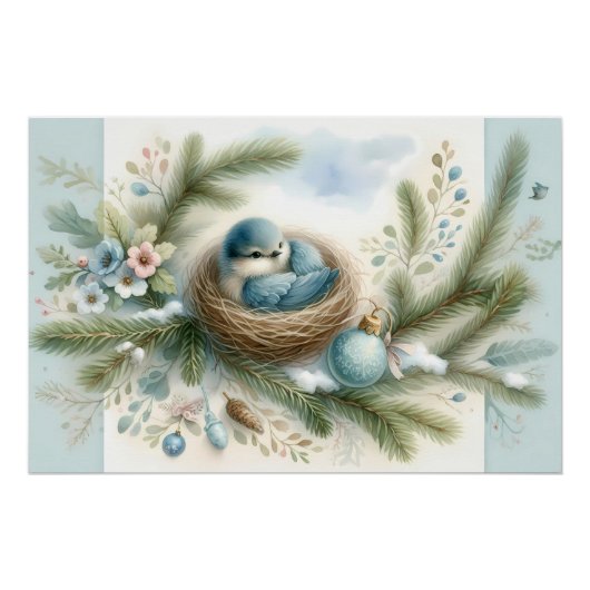Bluebird Nest mit Ornamenten im Winter Pines Poster (Vorderseite)