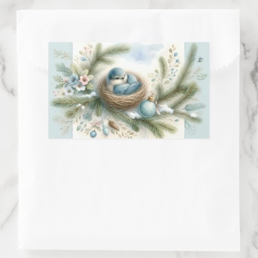 Bluebird Nest mit Ornamenten im Winter Pines Rechteckiger Aufkleber (Tasche)