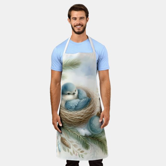 Bluebird Nest mit Ornamenten im Winter Pines Schürze (Getragen)