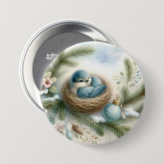 Bluebird Nest with Ornaments in Winter Pines Button (Vorne & Hinten)