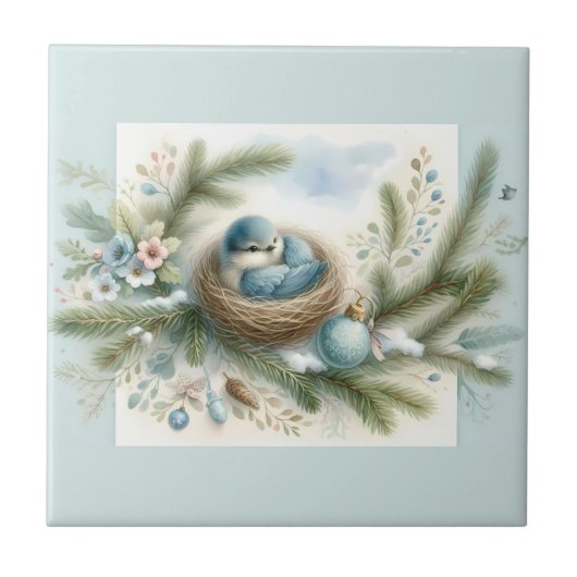 Bluebird Nest with Ornaments in Winter Pines Fliese (Vorderseite)