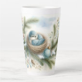 Bluebird Nest with Ornaments in Winter Pines  Milchtasse (Vorderseite)